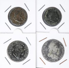 Lote 4 monedas 4 Maravedís a 10 Reales. 4 Maravedís 1833 Segovia (x2), 8 Maravedís 1817 Jubia y 10 Reales 1818 Sevilla-C.J. A EXAMINAR. BC+ a MBC+.