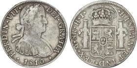 8 Reales. 1810. MÉXICO. H.J. 26,51 grs. Busto imaginario. Defecto de acuñación en reverso. (Oxidaciones limpiadas). AC-1314. MBC-.