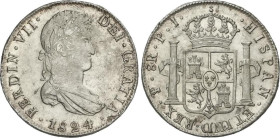 8 Reales. 1824. POTOSI. P.J. 26,95 grs. (Leve hojita en anverso, levisimas rayitas). Brillo original. BONITA PIEZA. AC-1391. EBC+.