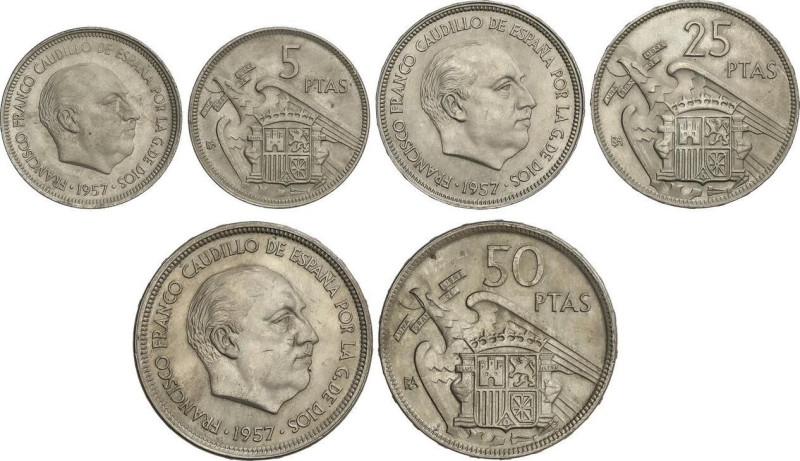 Serie 3 monedas 5, 25 y 50 Pesetas. 1957 (*BA). I Exposición Iberoamericana de N...