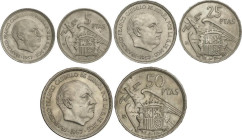 Serie 3 monedas 5, 25 y 50 Pesetas. 1957 (*BA). I Exposición Iberoamericana de Numismática y Medallística. Con sobre de celofán original (Roto y deter...