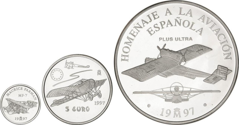Serie 3 monedas 1, 5 y 25 Euro. 1997. HOMENAJE A LA AVIACIÓN ESPAÑOLA. AR. Mauri...