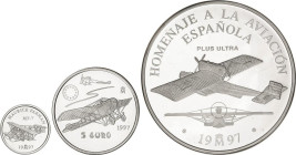 Serie 3 monedas 1, 5 y 25 Euro. 1997. HOMENAJE A LA AVIACIÓN ESPAÑOLA. AR. Maurice Farman, Nieuport y Plus Ultra. En estuche con certificados de 1 y 2...