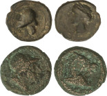 Lote 2 cobres. REPÚBLICA ROMANA e HISPANICA. AE. Semiuncia República romana y 1/4 Calco Cartagonova. BC+ y MBC.