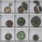 Lote 13 monedas. IMP. ROMANO, BIZANTINAS, SASANIDAS, HISPANOARABES. AE, AR. Follis Bizantinos (2), Ae Constantino, Fragmentos divisores, Sassanidas, Q...