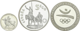 Lote 6 monedas 1 (2) y 5 (3) Ecu y 2.000 Pesetas. 1989 a 1995. EMISIONES EN ECU y OLIMPIADA BARCELONA´ 92. AR. 1 Ecu: Rapto de Europa y Cervantes-Don ...