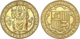 Medalla. 1977. 8,02 grs. AU (999). Ø 26 mm. Sant Ermengol. Emisión oficial limitada de la Veguería Episcopal. Tirada: 1.000 piezas. En estuche origina...