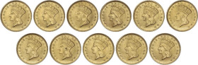 Lote 11 Reproducciones 1 Dollar. 1868. Peso total 18,42 grs. AU (830). Indian Head. Type 3. SC.