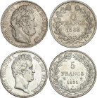 Lote 2 monedas 5 Francs. 1833-A y 1837-W. LOUIS PHILIPPE I. LILLE y PARIS. AR. km-749.1 y 749.13. MBC- y MBC.