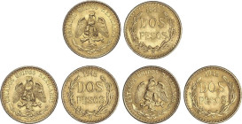 Lote 3 monedas 2 Pesos. 1945. Peso total: 5,00 grs. AU (900). Reacuñación oficial. Restrike. Fr-170R; KM-461. SC.