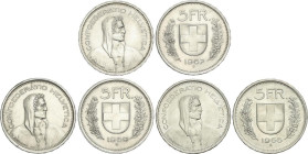 Lote 3 monedas 5 Francs. 1966-B, 1967-B y 1969-B. BERNA. AR. William Tell. KM-40. EBC a SC.