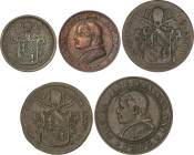 Lote 5 monedas 1/2 y 1 Baiocco (2), 1 Soldo y 2 Soldi. 1850, 1851, 1866 y 1867. PÍO IX. AE. A EXAMINAR. KM-1345, 1372.8, 1355, 1372. MBC a MBC+.
