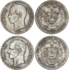 Lote 2 monedas 5 Bolivares. 1926 y 1935. AR. Bolivar. Y-24.2. BC+ y MBC-.