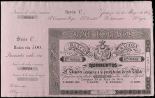 Lote 2 billetes 500 Reales de Vellón. 14 Mayo 1857. BANCO DE ZARAGOZA. Serie C. Con matriz, margen superior y sin firmas. Pareja correlativa. Ed-128B....