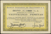 Bono 25 Pesetas. 24 Noviembre 1943. BANCO AGRARIO DE BALEARES S.A. (Leves tonalidades del tiempo). Cobo 2018 no menciona esta emisión (pag. 69-70). SC...