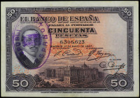 50 Pesetas. 17 Mayo 1927. Alfonso XIII. Con sello en seco de la REPUBLICA ESPAÑOLA. (Leves manchitas). Ed-332. MBC.