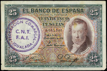 25 Pesetas. 25 Abril 1931. Vicente Lopez. Con sello-tampon `FEDERACION COMARCAL - C.N.T. F.A.I. - IGUALADA´ violeta en anverso y reverso. (Pequeñas ro...