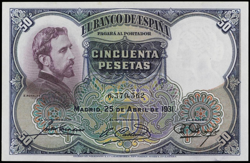 50 Pesetas. 25 Abril 1931. Rosales. (Arruguitas y manchitas). Ed-359. SC-.