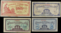 Lote 4 billetes 25, 40, 50 Céntimos y 1 Peseta. 1937. CONSEJO DE ASTURIAS Y LEÓN. A EXAMINAR. Ed-394/397. MBC+ a EBC-.