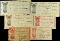Lote 6 billetes 5 (3), 25, 50 y 100 Pesetas. 1936. EL BANCO DE ESPAÑA. BILBAO. 2x 5 Pesetas serie A. (algunos roturas). A EXAMINAR. Ed-368c, 368Ab y c...