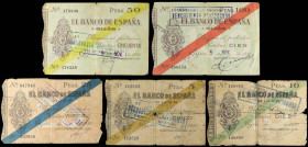 Serie 5 billetes 5, 10, 25, 50 y 100 Pesetas. 1936. EL BANCO DE ESPAÑA. GIJÓN. (Alguno roturas). A EXAMINAR. Ed-380/384. BC a MBC.