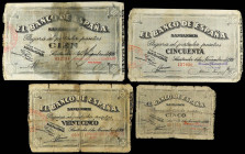 Lote 4 billetes 5, 25, 50 y 100 Pesetas. 1 Noviembre 1936. EL BANCO DE ESPAÑA. SANTANDER. (Roturas). A EXAMINAR. Ed-375f, 377a, 378f, 379c. BC- MBC-....