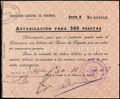 Documento Autorización para 500 Pesetas. 3-11-1937. DIRECCIÓN GENERAL DE ADUANAS. ADUANA DE VALENCIA. Documento de autorización para salir de España c...