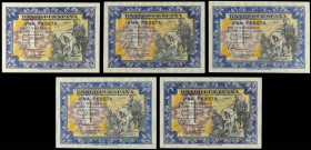 Lote 5 billetes 1 Peseta. 1 Junio 1940. Hernán Cortés. Serie B. Ed-441. EBC- a EBC+.