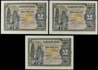 Lote 3 billetes 2 Pesetas. 30 Abril 1938. Catedral de Burgos. Serie L. Incluye una pareja correlativa. (Alguna esquina redondeada). Ed-429a. SC.