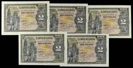 Lote 5 billetes 2 Pesetas. 30 Abril 1938. Catedral de Burgos. Serie L. Ed-429a. EBC- a EBC.