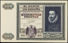 Prueba de anverso 500 Pesetas. 9 Enero 1940. Juan de Austria. Sin numeración y sin firma del cajero, marco verde oscuro, fondo marrón oscuro y retrato...