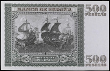 Prueba de reverso 500 Pesetas. 9 Enero 1940. Juan de Austria. Marco verde, fondo y letras marrones. Papel con tono grisaceo. Con certificado Cartamone...