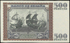 Prueba de reverso 500 Pesetas. 9 Enero 1940. Juan de Austria. Marco castaño, fondo verde y letras azul claro. Papel con filigranas. Con certificado Ca...