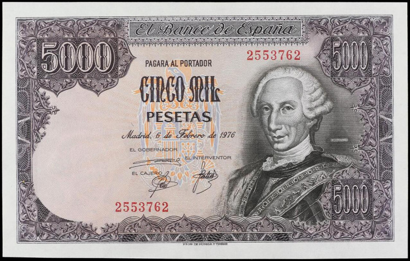 5.000 Pesetas. 6 Febrero 1976. Carlos III. Sin Serie. (Leves arruguita). Ed-475....