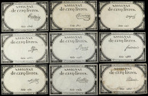 Lote 9 billetes Assignat 5 Livres. 10 Brumaire An II (31-10-1793). FRANCIA. Todos con diferente firma. Uno pegado en cartón. A EXAMINAR. Pick-A76. MBC...