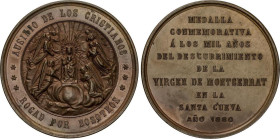 Milenario de la Virgen de Montserrat. 1880. Anv.: AUSILIO DE LOS CRISTIANOS * ROGAD POR NOSOTROS. Virgen rodeada por ángeles. Rev.: Leyenda en 9 línea...