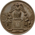 Medalla de Merito. 1882. EXPOSICION REGIONAL DE VILLANUEVA Y GELTRÚ. Anv.: Victoria sentada sobre pedestal, coronando a las alegorías de la Industria ...