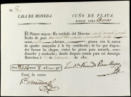 Documento de entrega de metal. 24 Sept. 1823. CASA DE MONEDA. BARCELONA. Papel. Documento de entrega de cuño de plata para Duros. EBC.