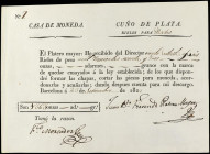 Documento de entrega de metal. 24 Sept. 1823. CASA DE MONEDA. BARCELONA. Papel. Documento de entrega de cuño de plata para Pesetas. EBC.