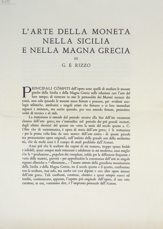 Rizzo, Giulio Emanuele. L'ARTE DELLA MONETA NELLA SICILIA E NELLA MAGNA GRECIA. ...