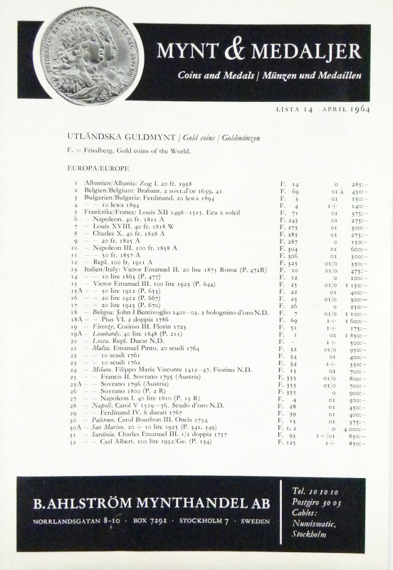 Ahlström Mynthandel, B. MYNT & MEDALJER. Stockholm, 1964–1987. Thirty-seven illu...