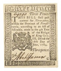 1764 Threepence Note Printed by Franklin & Hall