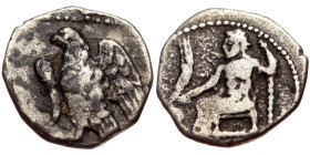 Obol AR
Cilicia, uncertain mint (Tarsos?), 4th century BC, Baaltars seated on throne left, holding grain ear, grape and scepter / Eagle standing to l...