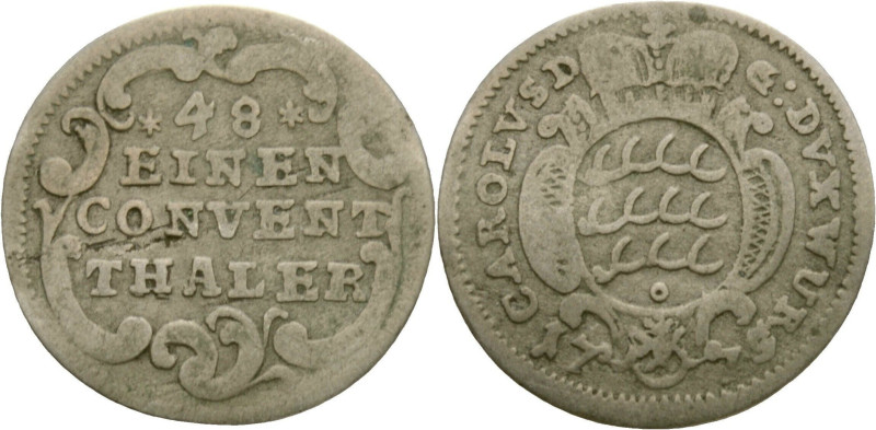 2 ½ Kreutzer AR
Württemberg, Karl Eugen, 1775, 1/48 Taler
Schön 130