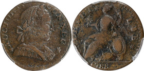 1788 Connecticut Copper. Miller 2-D, W-4405. Rarity-1. Mailed Bust Right. VF-25 (PCGS).
PCGS# 397. NGC ID: 2B38.

Estimate: $500