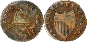 1787 New Jersey Copper. Maris 48-g, W-5275. Rarity-1. No Sprig Above Plow, Outlined Shield. VF-30 (PCGS).
PCGS# 503. NGC ID: 2B4K.

Estimate: $450