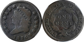 1814 Classic Head Cent. Crosslet 4. Good-4 (PCGS).
PCGS# 1573. NGC ID: 224Y.

Estimate: $100