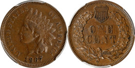 1867/67 Indian Cent. Snow-1, FS-301. Repunched Date. VF-30 (PCGS).
PCGS# 37459. NGC ID: 227R.

Estimate: $380