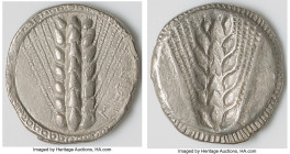 LUCANIA. Metapontum. Ca. 510-470 BC. AR stater (23mm, 11h). NGC (photo-certificate) XF, edge chips. META, barley grain ear; guilloche border on raised...