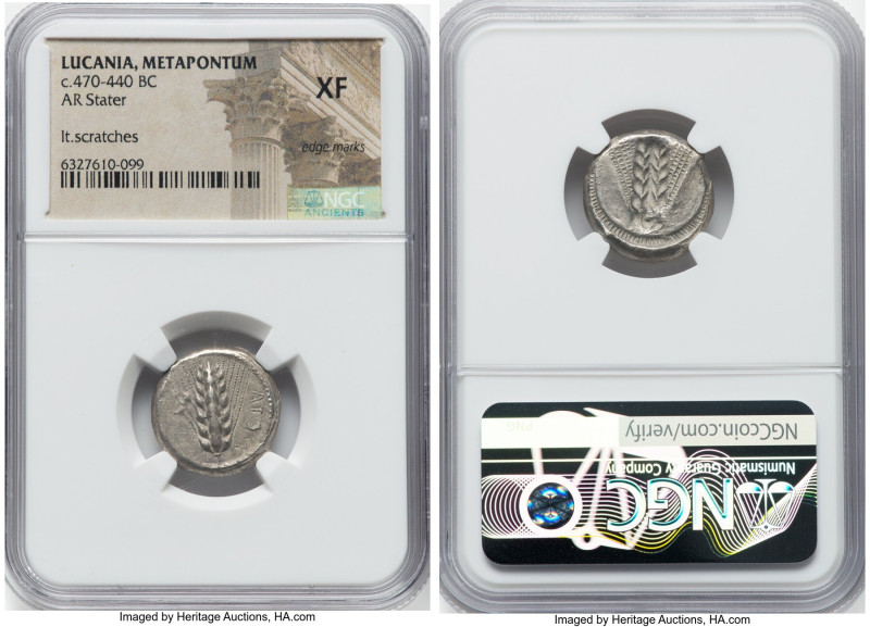 LUCANIA. Metapontum. Ca. 470-440 BC. AR stater (18mm, 6h). NGC XF, edge marks, l...